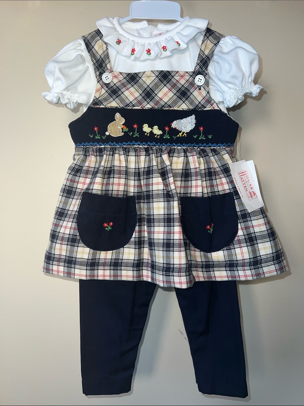 Vintage kids Navy, Cream & Plaid Smocked Jumper with Navy snap pants & white top